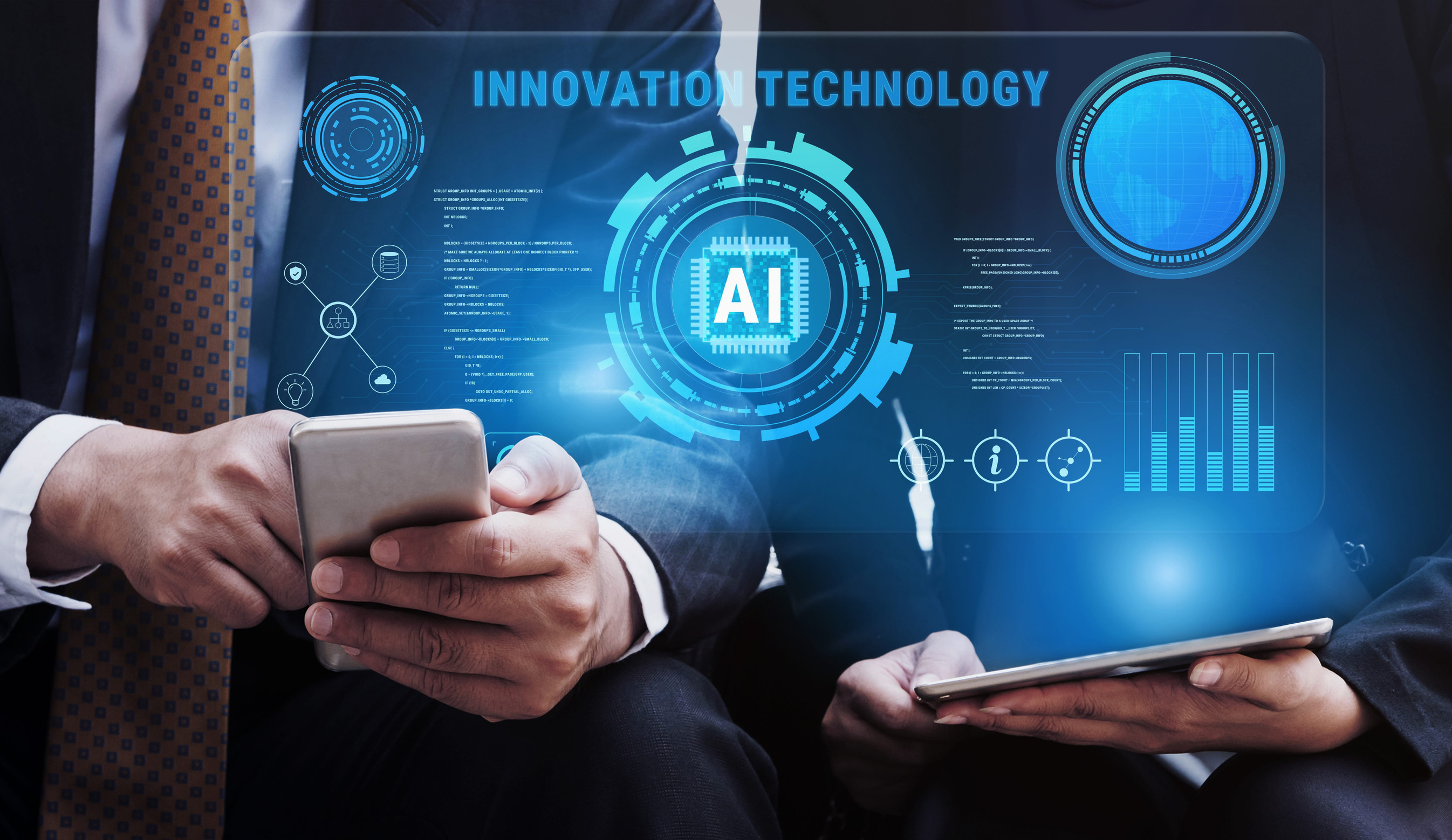 Two business professionals use smartphones and tablets beside a glowing AI technology interface, conveying innovation, connectivity, and progress.