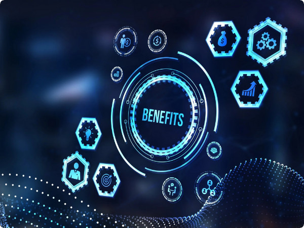 Futuristic tech icons with 'Benefits' text on central gear.