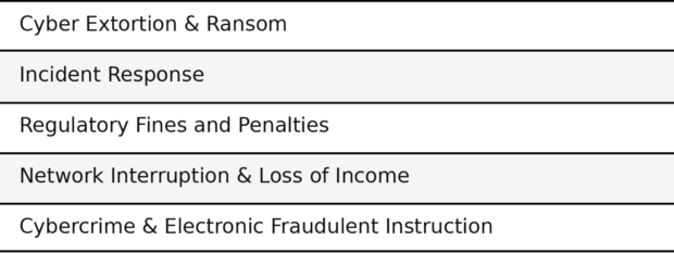 Coverage list: cyber extortion and ransom, incident response, regulatory fines and penalties, network interruption and loss of income, and cybercrime and electronic fraudulent instruction.
