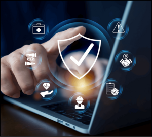Hand selecting coverage on a digital shield of insurance icons.