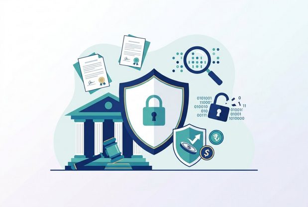 Illustration of a courthouse, legal documents, and a shield with a padlock representing regulatory protection.